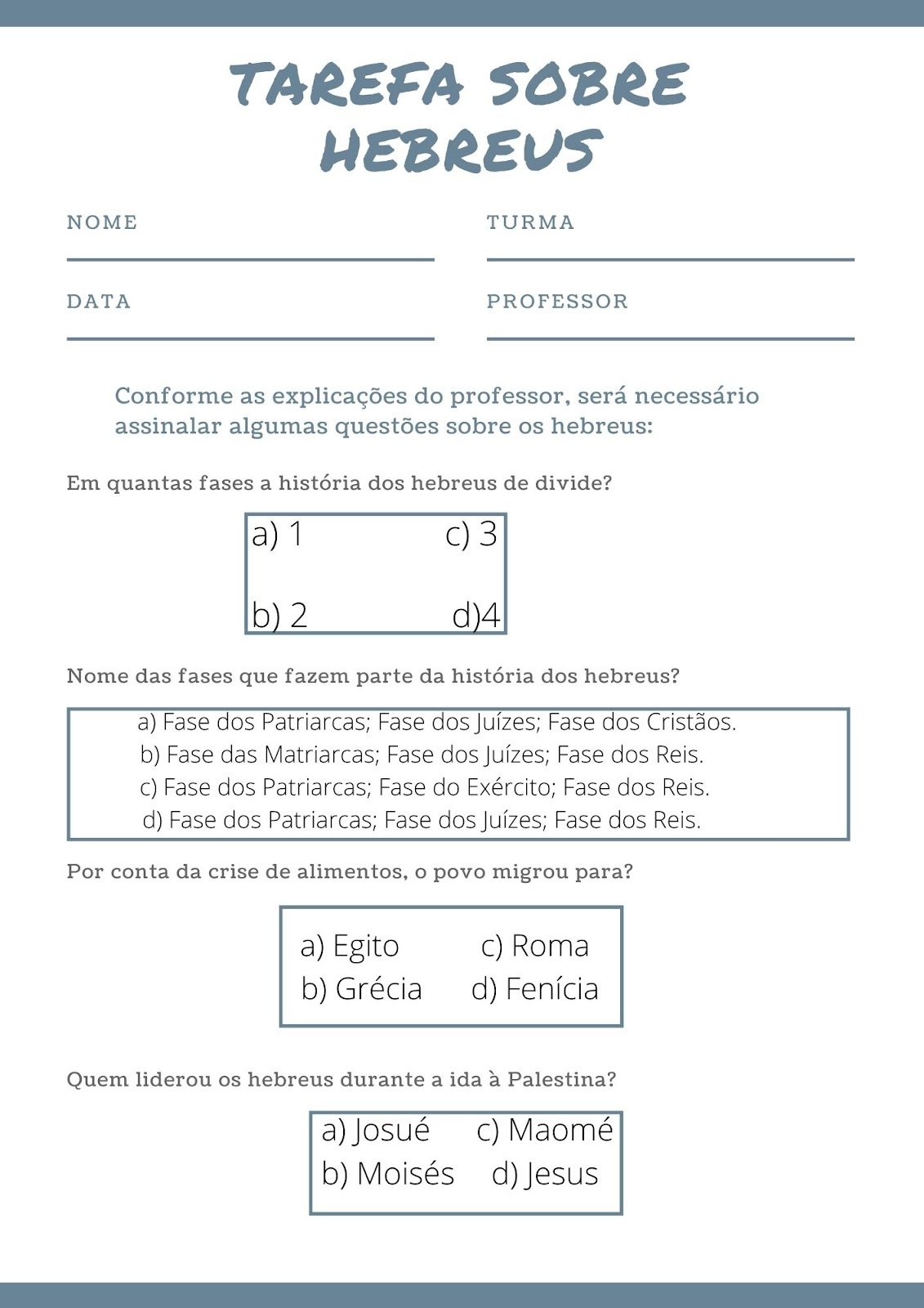 Tarefas Sobre Os Hebreus Para Imprimir No Ensino Fundamental